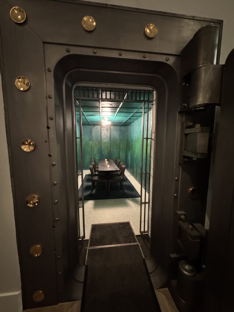 bank vault dining table at Bonnie & Clyde Fairport